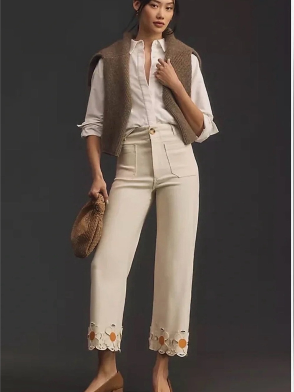 Anthropologie Maeve The Colette Cream Embroidered Wide Leg Jeans